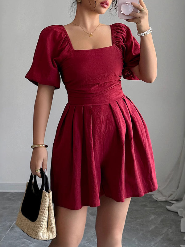 A-Line Half Sleeves Elasticity Pleated Solid Color Square-Neck Rompers