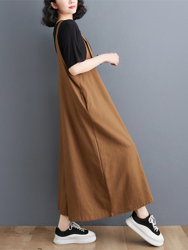 Ninth Pants Wide Leg Buttoned Solid Color Spaghetti-Neck Overalls