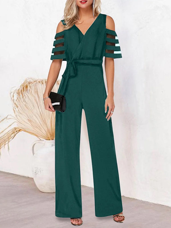 High Waisted Loose Hollow Mesh Solid Color Tied Waist V-Neck Jumpsuits