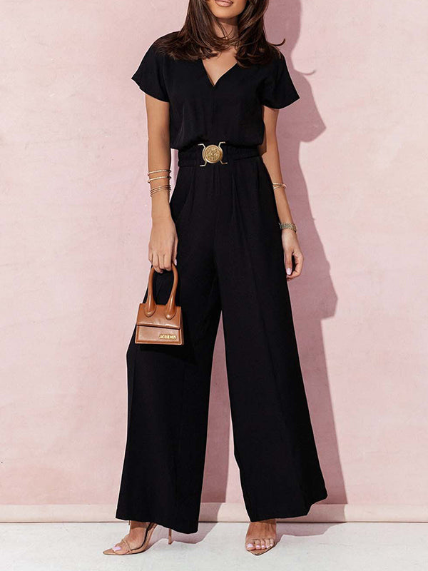 High Waisted Loose Belted Pleated V-Neck Jumpsuits