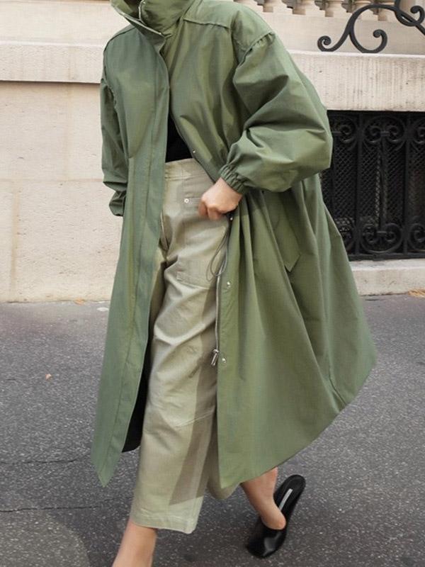Solid Color Loose Elastic Waist Long Outwear