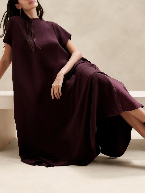 Loose Short Sleeves Pockets Solid Color Round-Neck Maxi Dresses