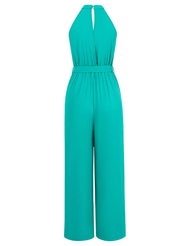 High Waisted Loose Pleated Solid Color Split-Front Tied Waist Halter-Neck Jumpsuits