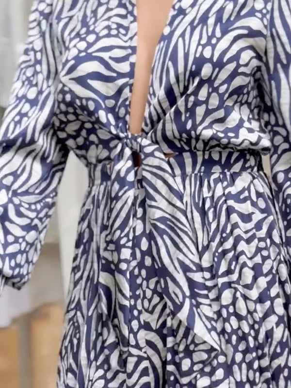 Loose Puff Sleeves Pleated Printed Split-Joint Deep V-Neck Jumpsuits