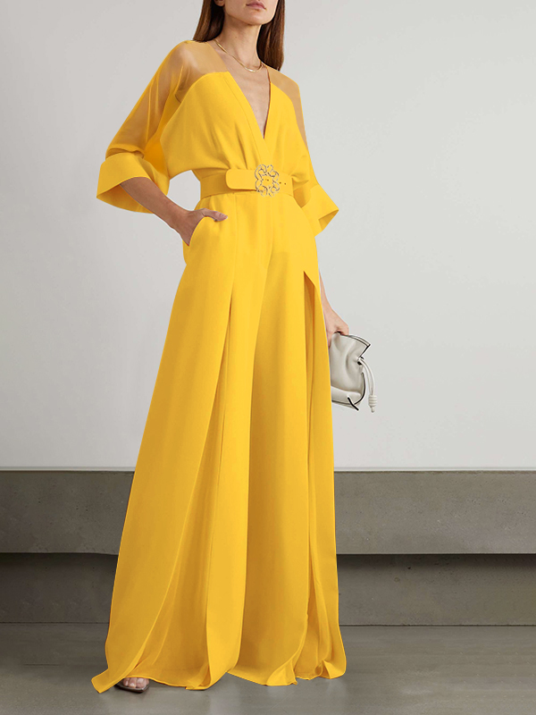 Solid Color Split-Front Contrast Color Tied Waist High Waisted V-Neck Jumpsuits