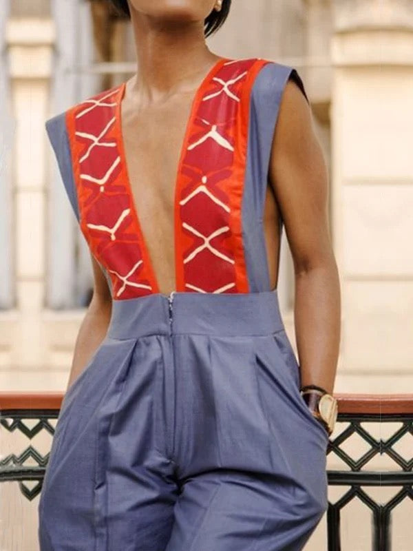 High Waisted Sleeveless Contrast Color Pleated Pockets Zipper Deep V-Neck Jumpsuits