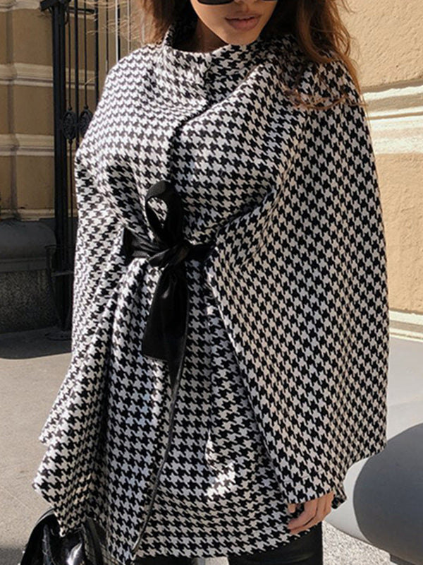 Batwing Sleeves Long Sleeves Houndstooth Tied Waist Stand Collar Cape Outerwear