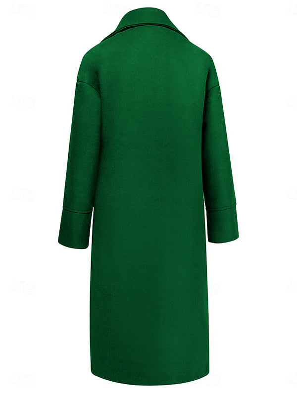 Long Sleeves Loose Buttoned Pockets Solid Color Split-Joint Stand Collar Woolen Coat