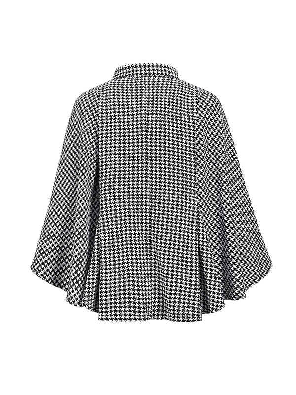 Batwing Sleeves Long Sleeves Houndstooth Tied Waist Stand Collar Cape Outerwear
