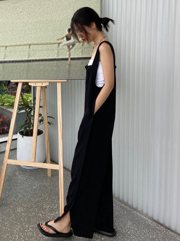 Original Creation Sleeveless Loose Solid Color Square-Neck Overalls