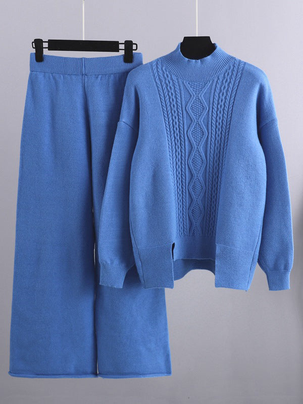 Urban Loose Split-Side Half Turtleneck Sweater Tops& Wide Leg Pants Two Pieces Set