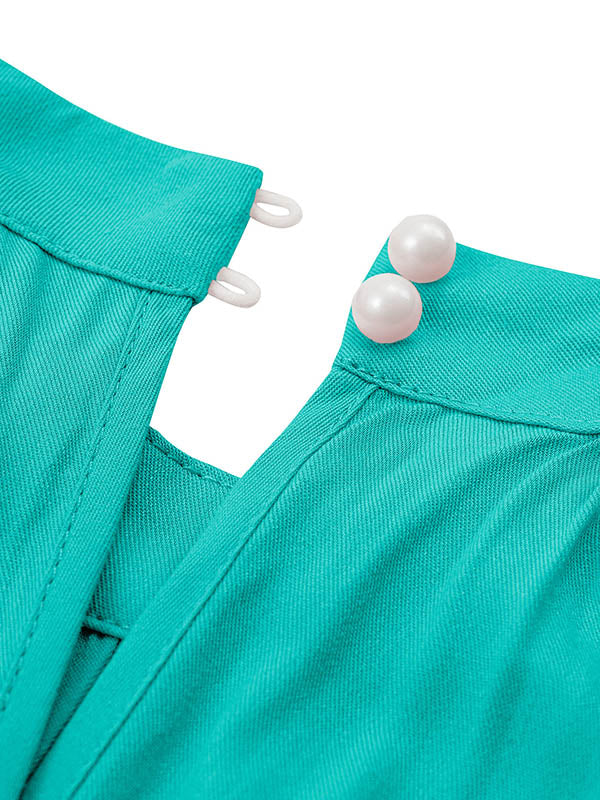 High Waisted Loose Pleated Solid Color Split-Front Tied Waist Halter-Neck Jumpsuits