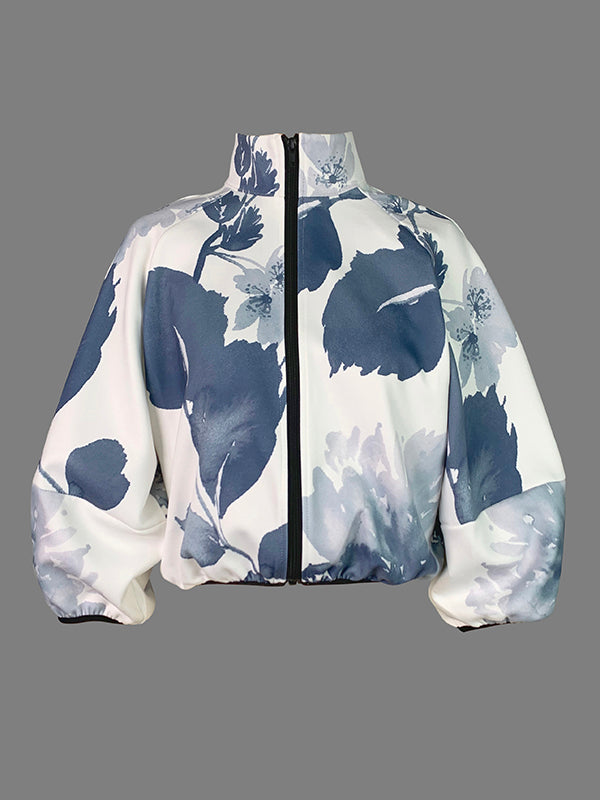 Loose Puff Sleeves Floral Printed Stand Collar Jackets Outerwear