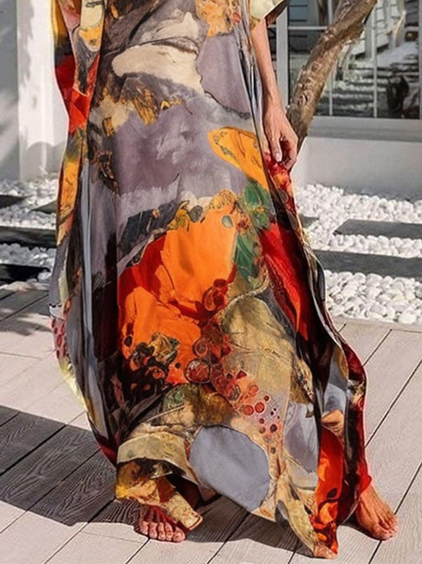 Batwing Sleeves Loose Gauze Printed Split-Joint V-Neck Maxi Dresses