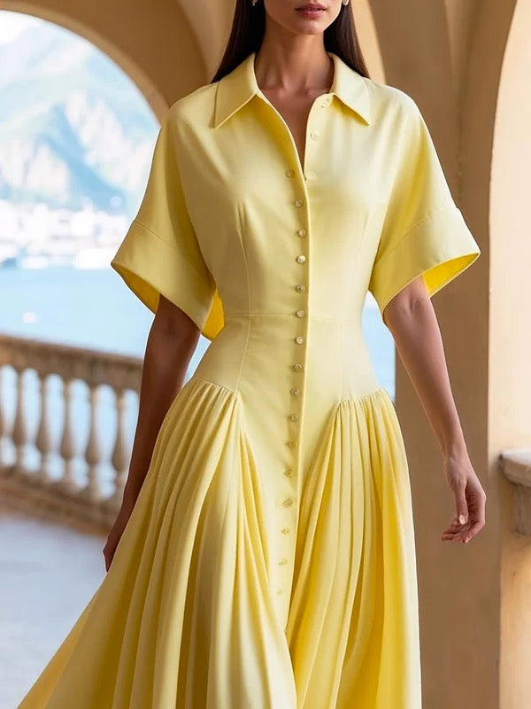 Loose Short Sleeves Buttoned Pleated Solid Color Lapel Collar Midi Dresses Shirt Dress