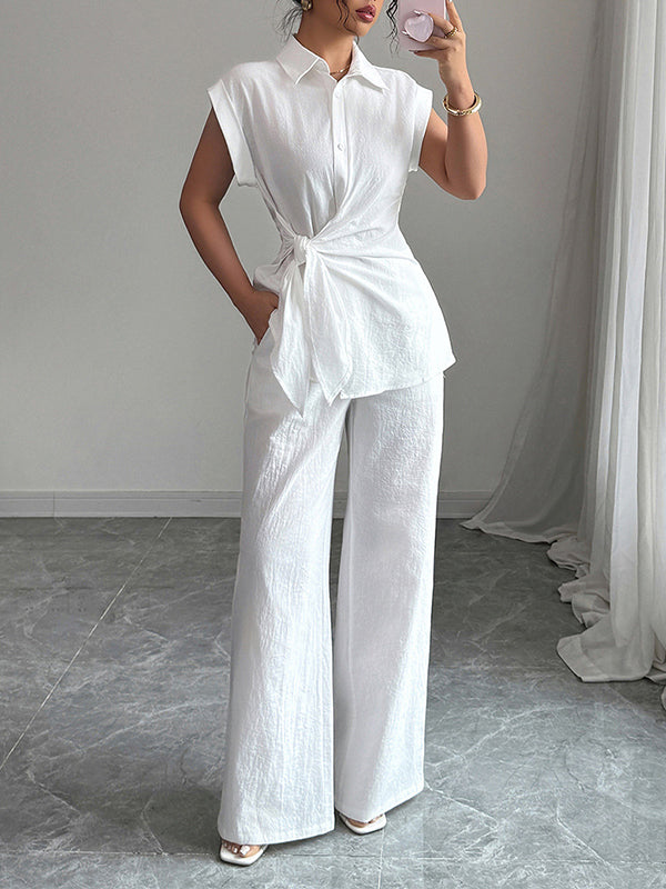 Short Sleeves Buttoned Solid Color Tied Lapel T-Shirt Top + Pockets Pants Bottom Two Pieces Set