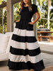 A-Line High Waisted Contrast Color Pleated Pockets Round-Neck Maxi Dresses