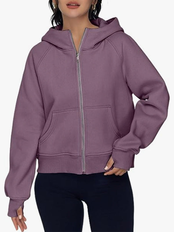 Hooded Long Sleeves Pockets Solid Color Zipper Jackets Outerwear
