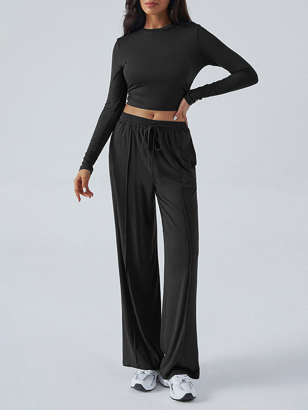 Long Sleeves Loose Solid Color Round-Neck T-Shirt Top + Drawstring Elasticity Pockets Pants Bottom Two Pieces Set