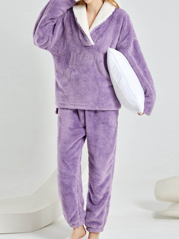 Coral Fleece Split-Joint V-Neck + Pants Pajama Two Pieces Set