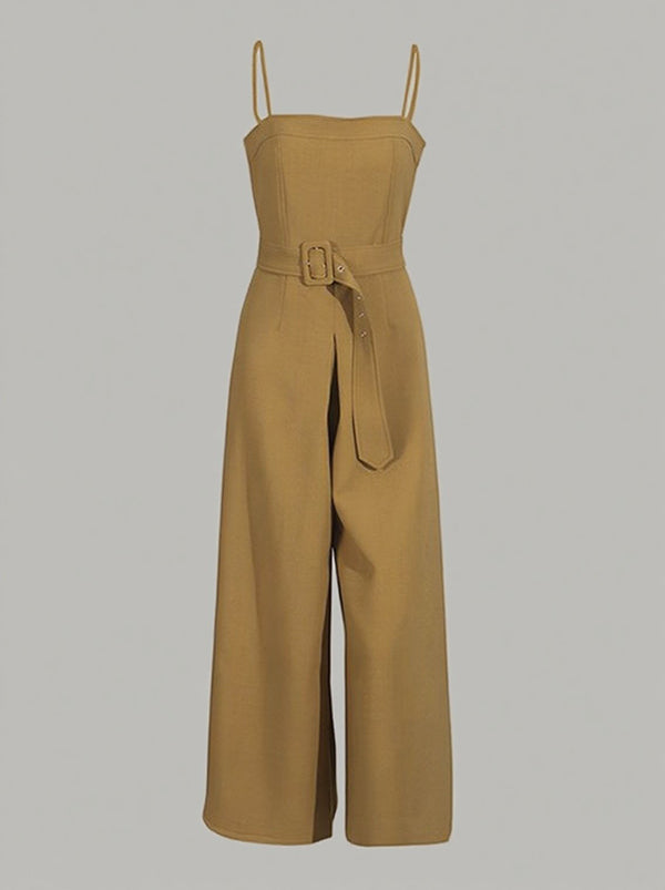 High Waisted Sleeveless Belted Solid Color Spaghetti-Neck Jumpsuits