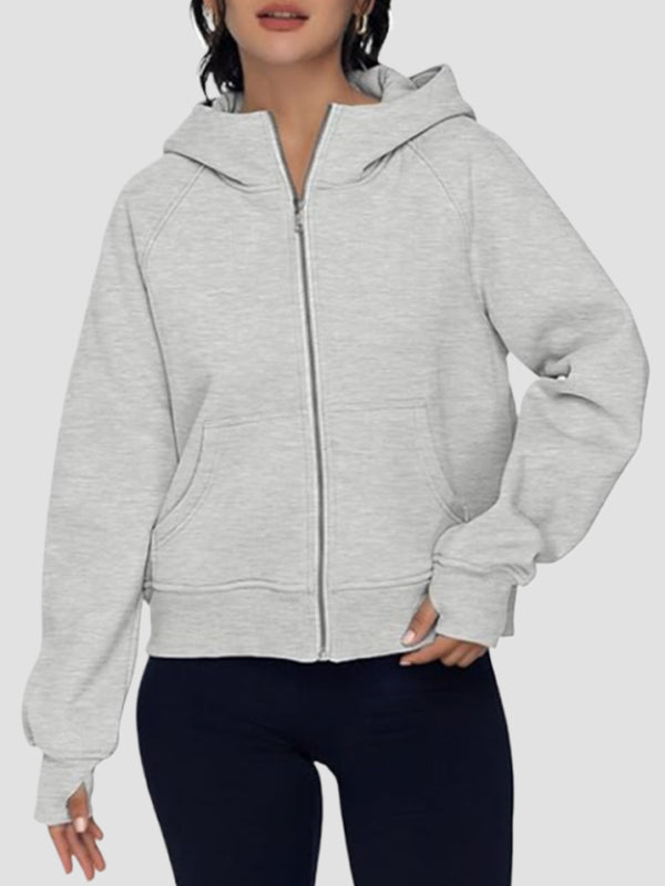 Hooded Long Sleeves Pockets Solid Color Zipper Jackets Outerwear