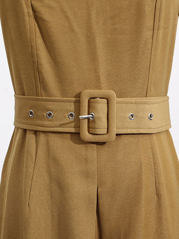 High Waisted Sleeveless Belted Solid Color Spaghetti-Neck Jumpsuits
