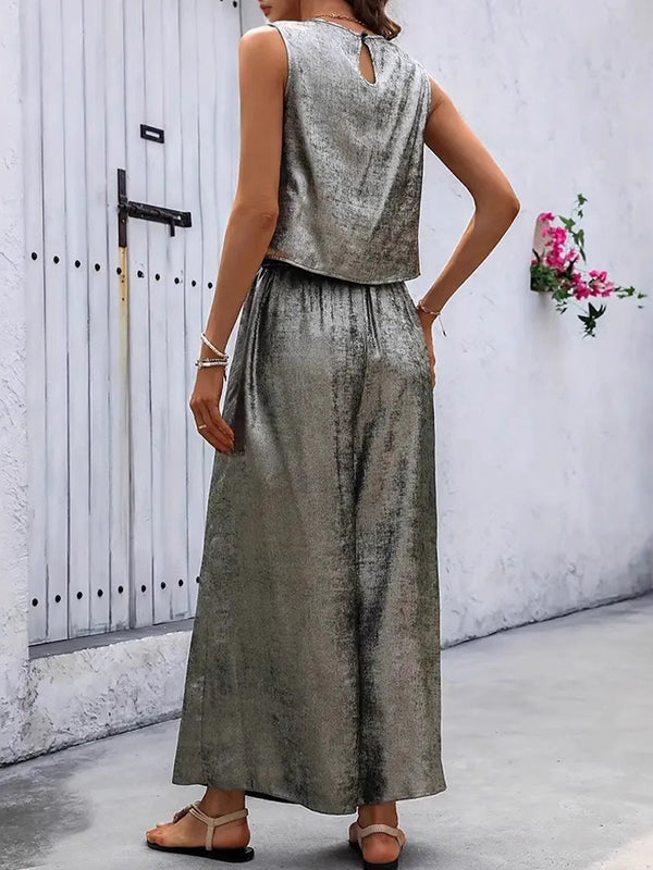 Loose Sleeveless Hollow Shiny Split-Joint Round-Neck Vest Top + Pants Bottom Two Pieces Set