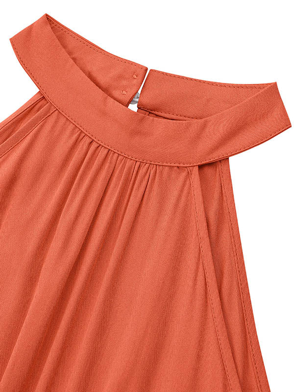 High Waisted Loose Pleated Solid Color Split-Front Tied Waist Halter-Neck Jumpsuits