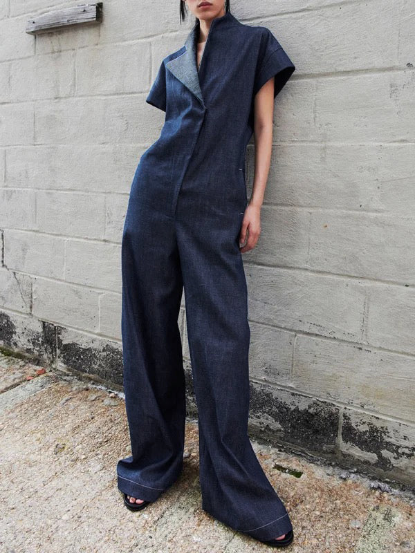 High Waisted Loose Solid Color V-Neck Jumpsuits