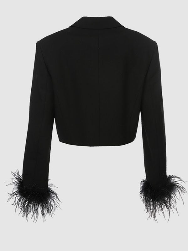 Long Sleeves Buttoned Solid Color Tasseled Notched Collar Blazer Outerwear