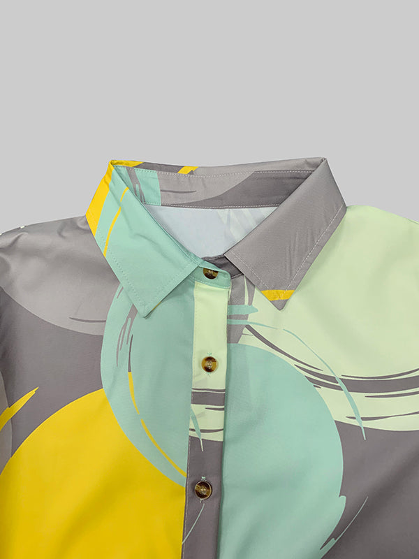 A-Line Long Sleeves Buttoned Pockets Printed Lapel Midi Dresses