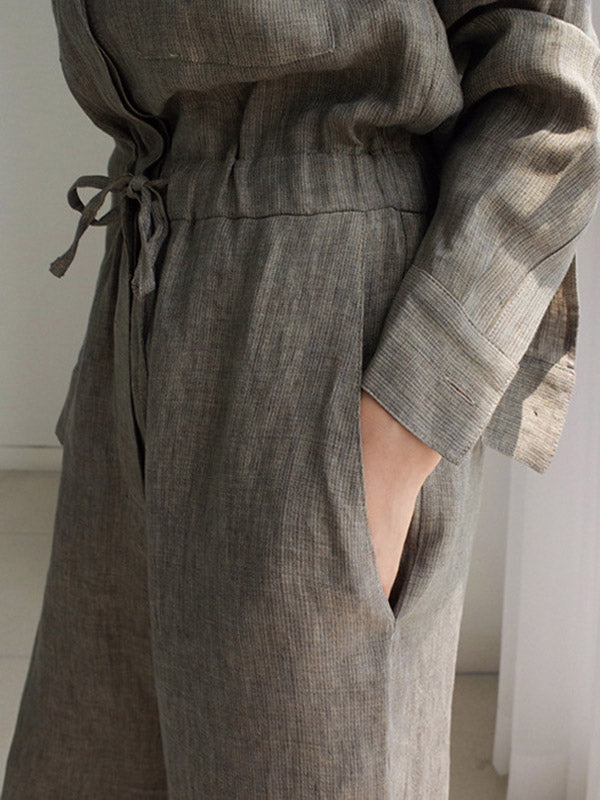 Urban Linen Drawstring Elastic Waisted Wide Leg Long Sleeves Jumpsuits