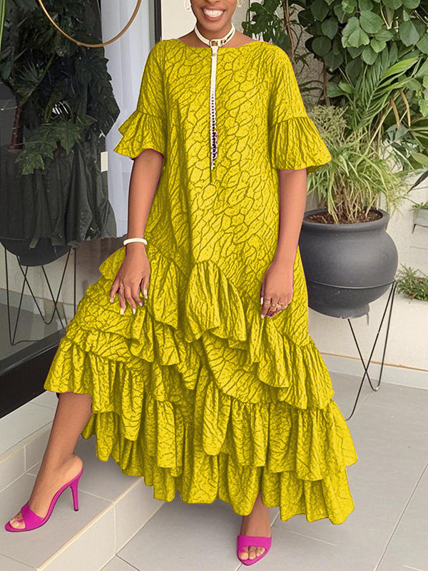 Flared Sleeves Half Sleeves Asymmetric Layered Pleated Printed Ruffle Trim Round-Neck Maxi Dresses