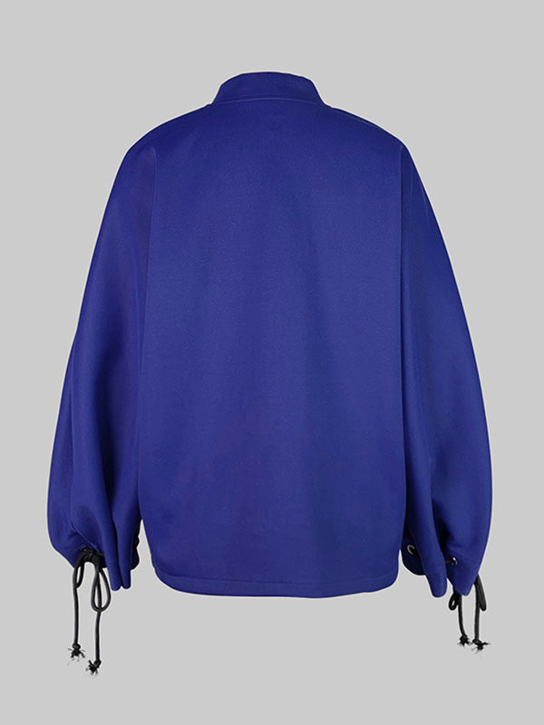 Loose Puff Sleeves Asymmetric Split-Joint Zipper Stand Collar Outerwear