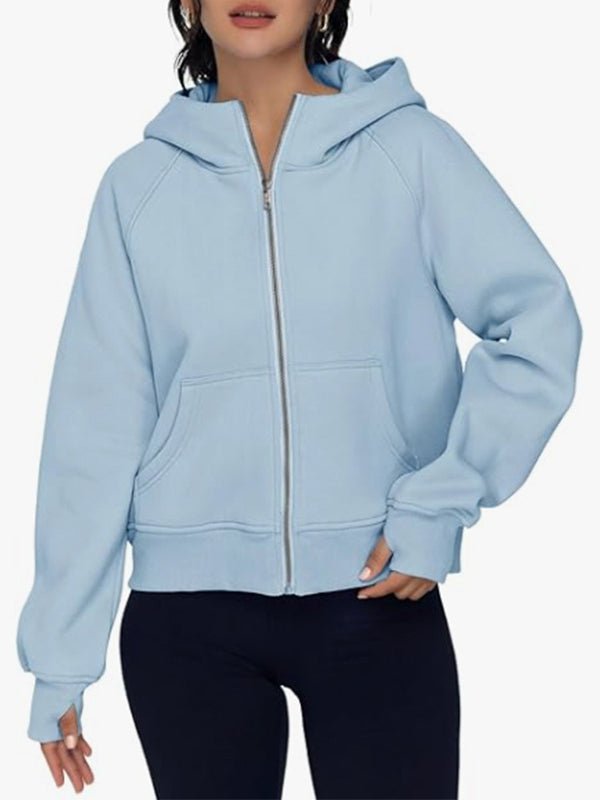Hooded Long Sleeves Pockets Solid Color Zipper Jackets Outerwear