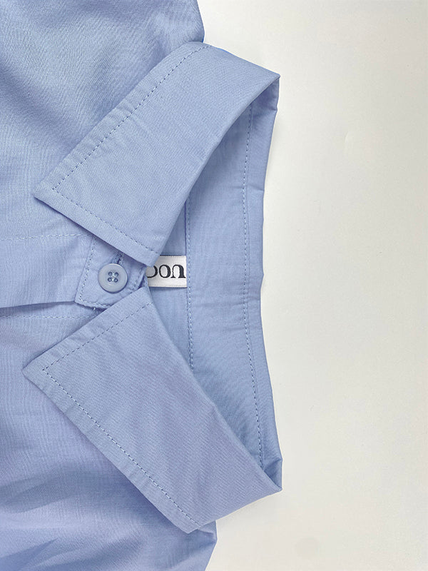 Loose Puff Sleeves Pleated Solid Color Split-Joint Lapel Maxi Dresses Shirt Dress