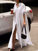 Long Sleeves Loose Buttoned Solid Color Split-Side Lapel Maxi Shirt Dress