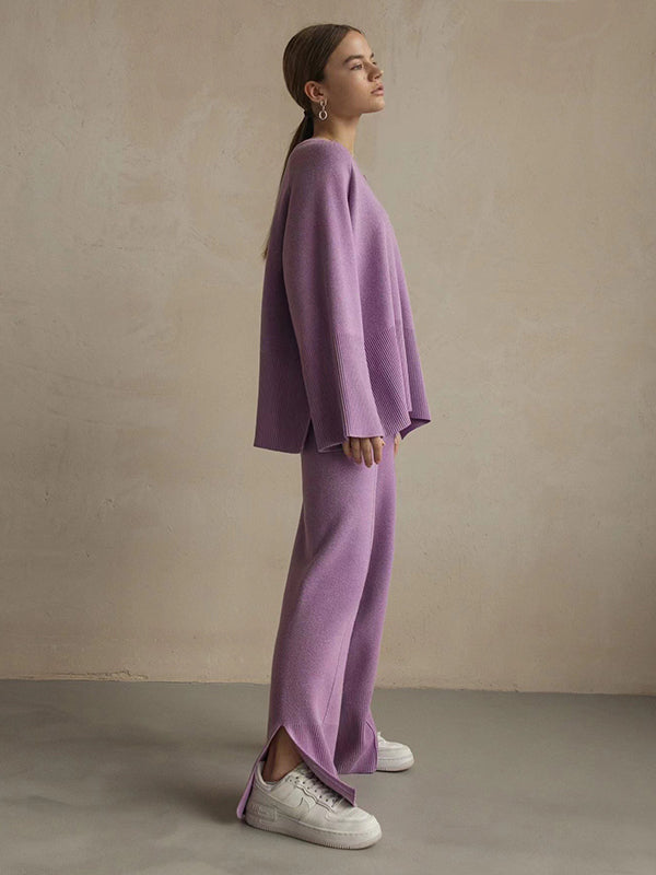 Casual Long Sleeves Loose Solid Color Round-Neck Sweater Tops & Wide Leg Pants Two Pieces Set
