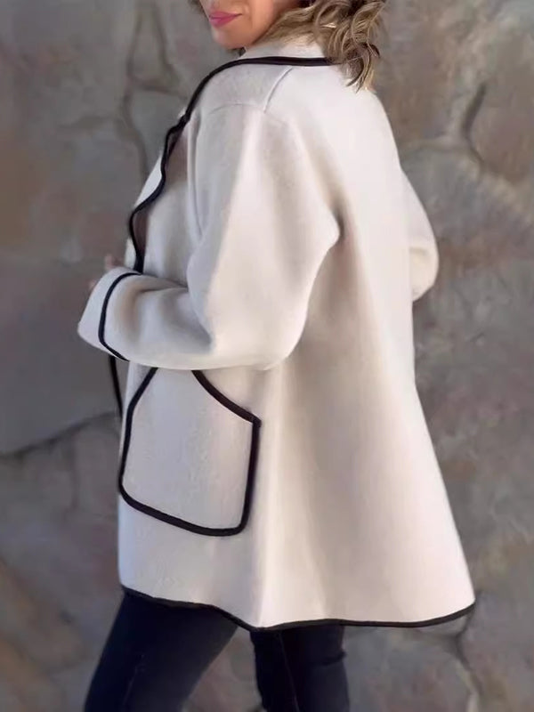 Long Sleeves Loose Buttoned Pockets Split-Joint Notched Collar Woolen Coat