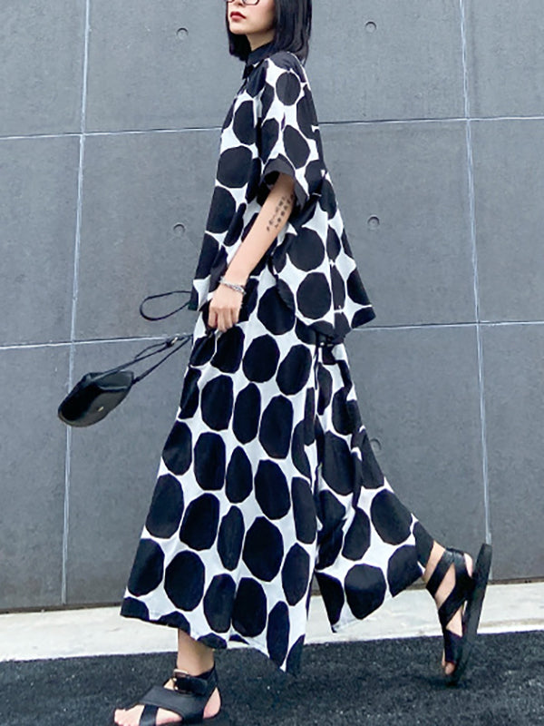 Batwing Sleeves Buttoned Polka-Dot Round-Neck Shirts Top + Elasticity Pockets Harem Pants Pants Bottom Two Pieces Set