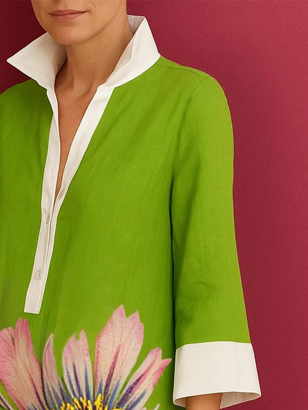 Loose Three-Quarter Sleeves Buttoned Contrast Color Flower Print Lapel Mini Dresses