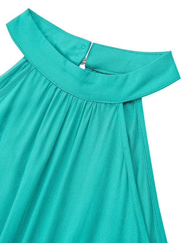 High Waisted Loose Pleated Solid Color Split-Front Tied Waist Halter-Neck Jumpsuits