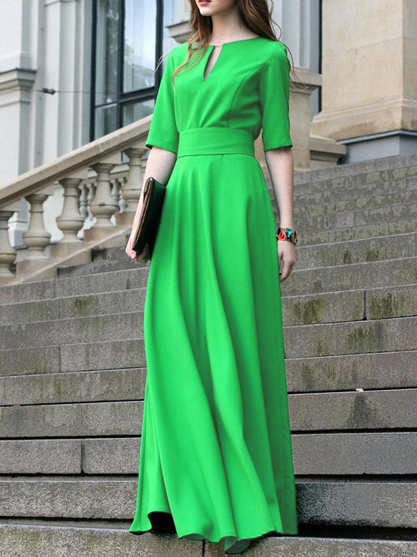 Half Sleeves High Waisted Solid Color Tied Waist V-Neck Maxi Dresses