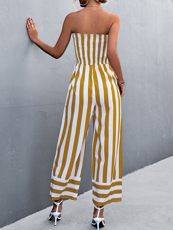 Loose Sleeveless Contrast Color Elasticity Striped Tube Jumpsuits