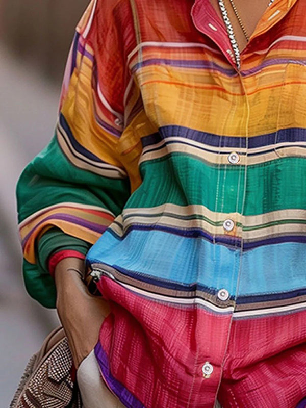 Long Sleeves Loose Buttoned Contrast Color Lapel Blouses&Shirts Tops