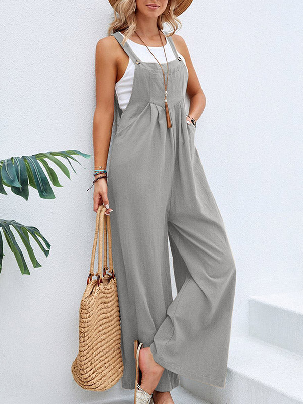 Loose Plus Size Pleated Split-Joint Square-Neck Overalls