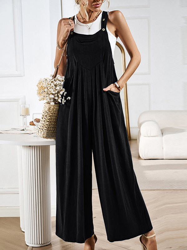 Loose Sleeveless Pleated Pockets Split-Joint Spaghetti-Neck Overalls