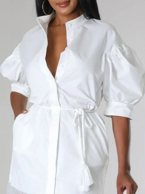 Puff Sleeves Gauze Pleated See-Through Solid Color Split-Joint Tied Waist Lapel Maxi Dresses