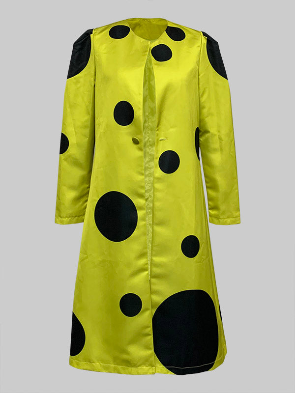 Long Sleeves Loose Pleated Polka-Dot Split-Joint Round-Neck Outerwear